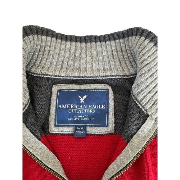 American Eagle Mens Large 1/4 Zip Red & Gray Striped Mock Neck Pullover Sweater - Picture 4 of 7